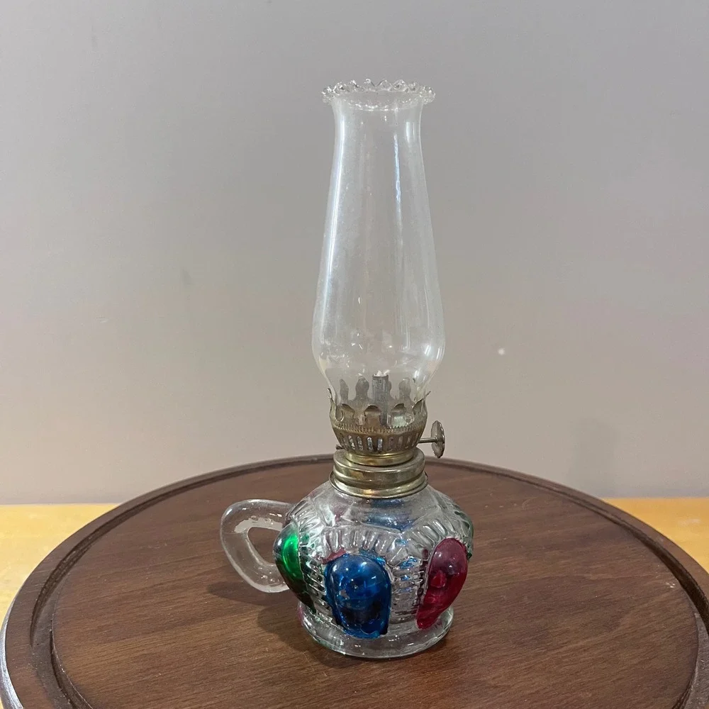Vtg Miniature Oil Lamp Glass Jewel Toned Cabochons Finger Handle Hong Kong 7.75